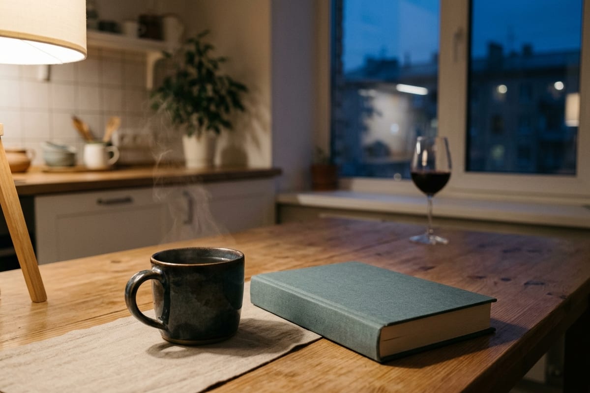 Кружка чая и книга в фокусе, отодвинутый бокал вина: при блокаде награды спиртное перестаёт радовать, тяга слабеет